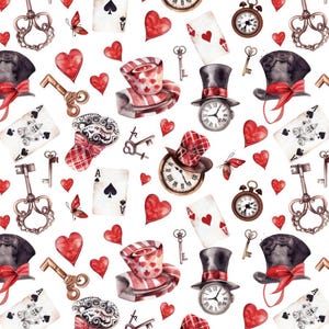 Puede incluir: Patrón de acuarela con elementos de Alicia en el país de las maravillas. Incluye sombreros de copa, naipes, llaves, relojes, corazones y mariposas en rojo, negro y dorado sobre fondo blanco. Un diseño caprichoso.