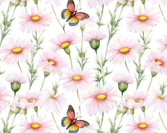 Watercolor Pink Floral With Butterfly Cotton Fabric Pure Cotton Fabric By The Half Yard