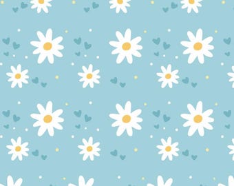 Tessuto in puro cotone con motivo floreale a margherita blu, tessuto fai da te, regalo - a mezzo metro
