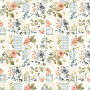 Peut inclure: Un motif sans couture avec un design patchwork et des motifs floraux. Le motif présente des fleurs roses, bleues et vertes sur un fond blanc.