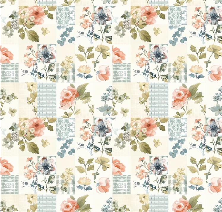 Tessuto di cotone con motivo patchwork floreale primaverile, tessuto fai da te, regalo - a mezzo metro