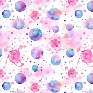 May include: A repeating pattern featuring watercolor-style illustrations of pink atomic structures and blue and purple spheres on a white background, accented with small pink and purple paint splatters and soft pink watercolor washes throughout.