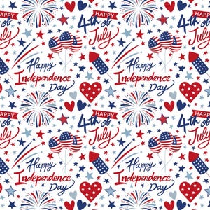 Peut inclure: Un motif répétitif sur le thème patriotique, idéal pour célébrer le 4 juillet et le Jour de l'Indépendance. Le design comprend des feux d'artifice, des étoiles, des cœurs, des ballons et du texte qui dit "Happy 4th of July" et "Happy Independence Day" en rouge, blanc et bleu.