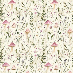 May include: A seamless pattern featuring pink and white mushrooms with brown stems growing in a field of green and purple wildflowers on a cream background.