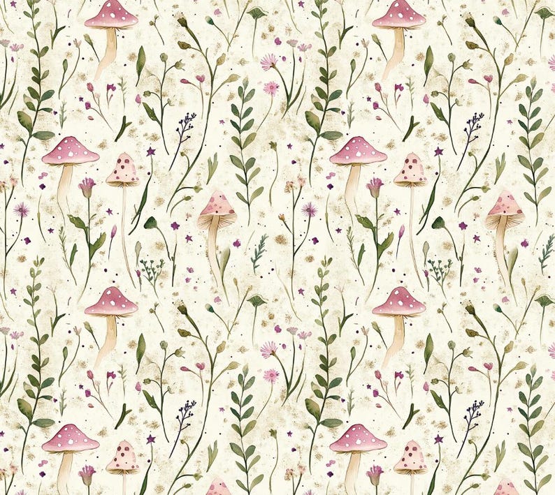 May include: A seamless pattern featuring pink and white mushrooms with brown stems growing in a field of green and purple wildflowers on a cream background.