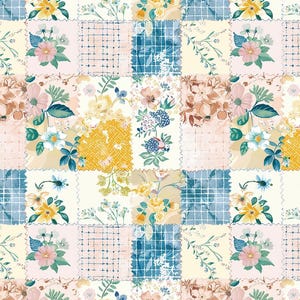 May include: A patchwork design with floral patterns in various colours. The design incorporates squares with flowers, leaves, and geometric patterns in shades of yellow, pink, blue, and brown. The edges of the squares have a stitched appearance.