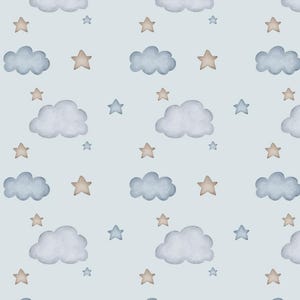 May include: A repeating pattern of watercolor clouds and stars in shades of blue, gray, and tan on a light blue background. The clouds are fluffy and the stars are five-pointed, creating a whimsical design.