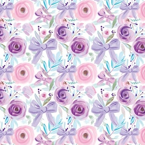 May include: A seamless pattern featuring watercolor illustrations of purple and pink flowers with lavender bows on a white background.