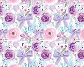 Purple Floral Rose Bow Fabric Cotton Fabric DIY Fabric GIFT-By Half Yard