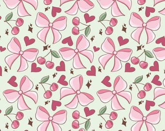 Coquette Cherry Bow Pattern Cotton Fabric DIY Fabric By The Half Yard