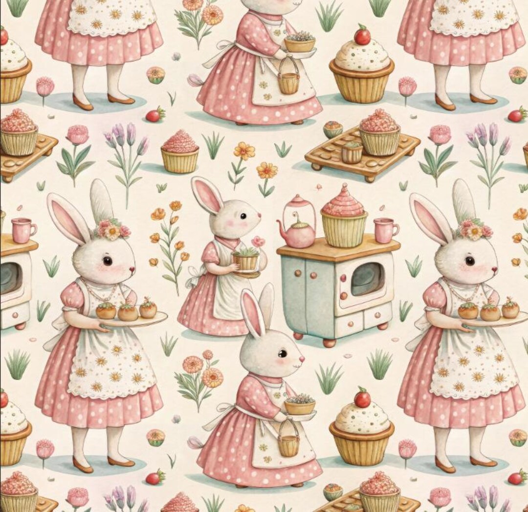 Kooky Rabbit Pattern Cute Cooking Sweet Bunny Pattern Cotton Fabric DIY Fabric Sold by Half ...