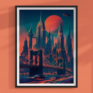 New York City Retro-Futurismus Kunstdruck | Sci-Fi Brooklyn Bridge Poster | Neon Cyberpunk Solarpunk Dekor | Proxima Drucke