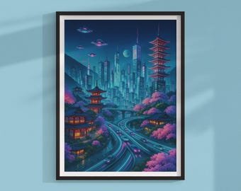 Impresión artística retrofuturista de Tokio / Póster de la silueta de una pagoda de ciencia ficción / Decoración solarpunk ciberpunk de neón / Proxima Prints