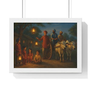 Evening Lanterns in Punjab Village – Digital Art Print, Rural Indian Heritage Wall Decor, Traditional Bullock Cart Scene