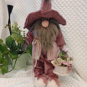 Spring Gnome with Basket | Handmade Scandinavian Gnome Decor | Pink Wizard Gnome for Shelf, Easter or Mother&#39;s Day Gift