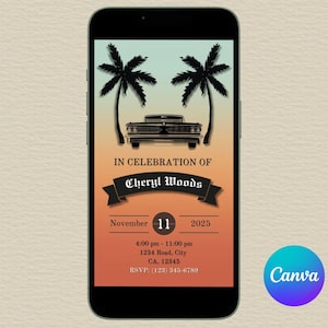 Plantilla de invitación digital para fiesta de Lowrider retro / Invitación de Canva inspirada en la vieja escuela / Editable