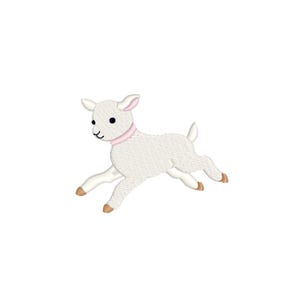 Pode incluir: Imagem bordada de um cordeiro branco em pleno salto. O cordeiro tem uma coleira rosa, olhos pretos e cascos castanhos. O cordeiro está sobre um fundo branco.
