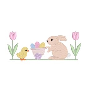 May include: A pink bunny rabbit pushes a pastel-colored wagon filled with Easter eggs. A yellow chick watches from the side. Two pink tulips with green stems are on either side of the scene.