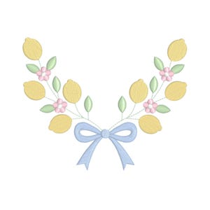 May include: Embroidered design featuring yellow lemons, pink flowers, and green leaves arranged in a symmetrical pattern. A light blue bow is at the bottom center. The design is on a white background.