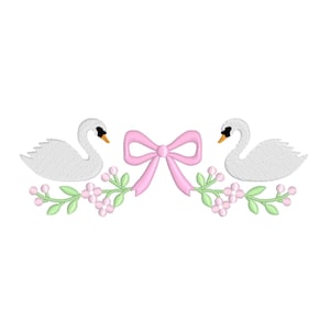 May include: An embroidered design featuring two white swans facing each other, with black beaks and eyes, and orange beaks. A pink bow is centered between the swans, with floral and leaf accents in pink and green.