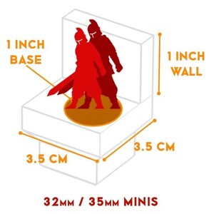 Puede incluir: Una caja de exhibici&oacute;n blanca con una base y paredes de 2,54 cm, con dos figuras de guerreros rojos. Las dimensiones de la caja son de 3,5 cm. El texto dice "32mm / 35mm MINIS".