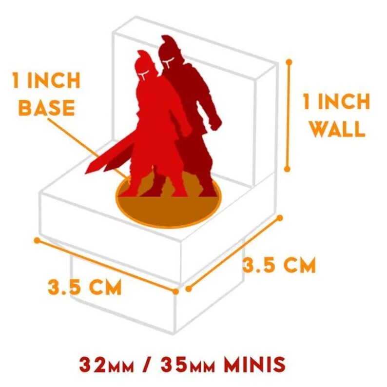Puede incluir: Una caja de exhibici&oacute;n blanca con una base y paredes de 2,54 cm, con dos figuras de guerreros rojos. Las dimensiones de la caja son de 3,5 cm. El texto dice "32mm / 35mm MINIS".