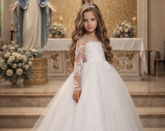 Conjunto de vestido de Primera Comunión: vestido de encaje europeo importado con velo, guantes y calcetines. Vestido de tul para niña de las flores.