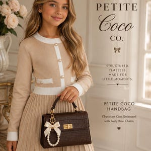 Sac à main Petite Coco | Sac à main marron chocolat pour fille avec nœud en perle | Sac à main pour petite fille | Sac de fête | Cadeau d'anniversaire