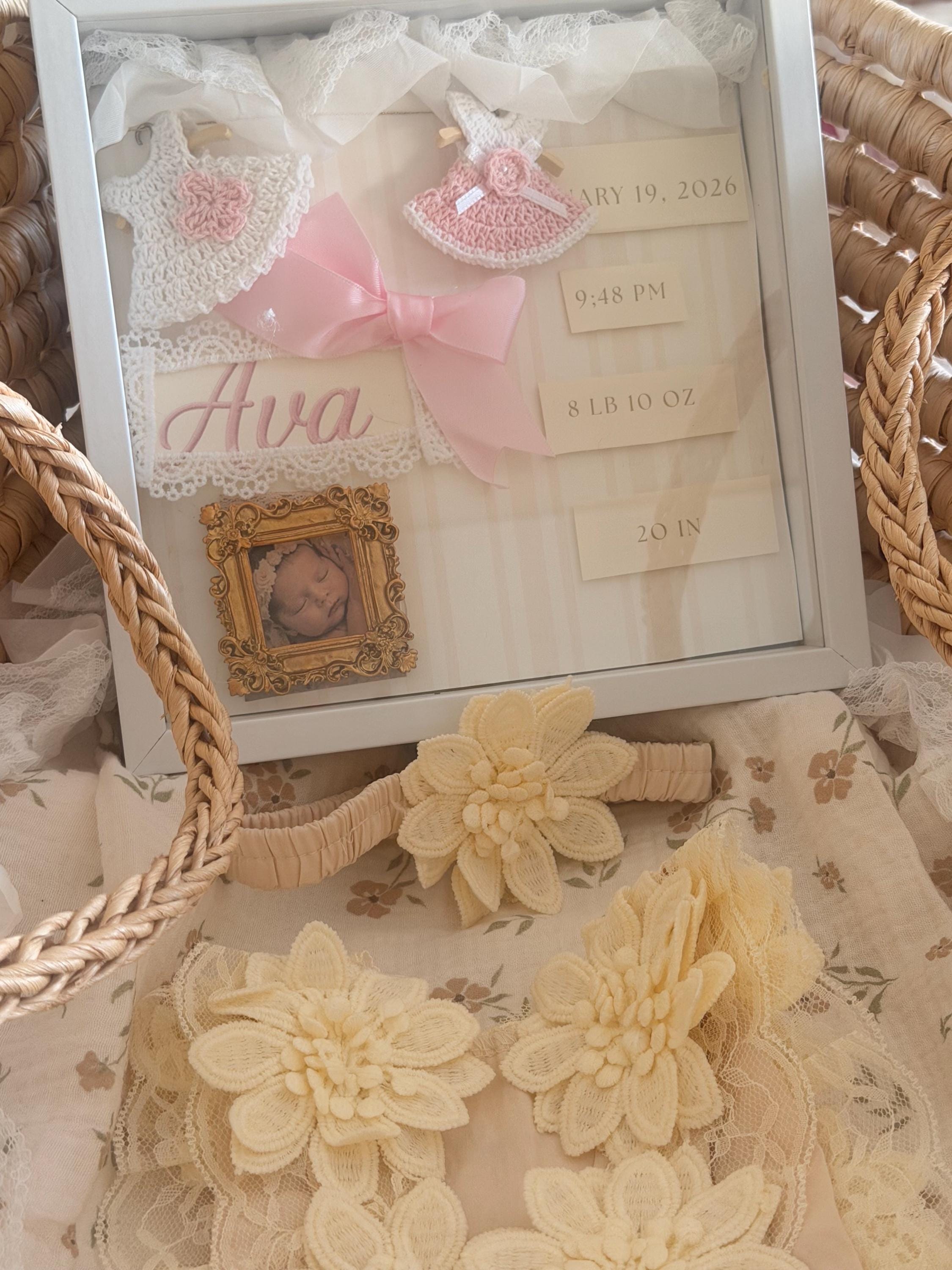Personalized Baby Keepsake Frame & Lace Dress Set Heirloom Birth Stats Keepsake
