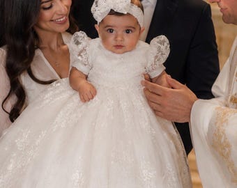 European Fine Lace Embroidery Baptism Gown Set | Heirloom Christening Dress Heirloom Lace Baptism Gown for Baby Girl | Traditional Catholic