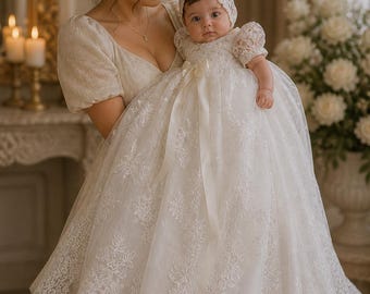 European Fine Lace Embroidery Baptism Gown Set | Heirloom Christening Dress | Baby Girl Baptism Outfit | Bonnet, Candle, Socks & Blessing Pi