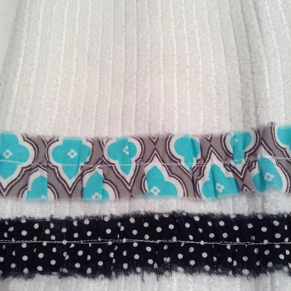 Dish Towel, Fabric Embellished Tea Towel, Aqua Towel, Decorator Kitchen