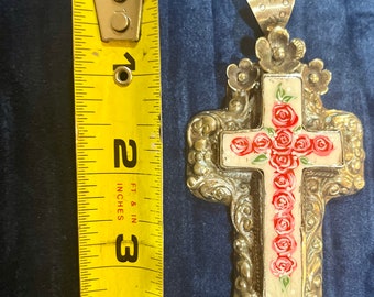 Silver cross with red handpainted roses,  painted with prayer and love