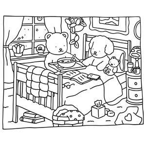 Pode incluir: Ilustração a preto e branco de duas personagens de desenhos animados na cama. Uma personagem segura uma bandeja com uma tigela de sopa. Um ursinho de peluche, um livro e uma mesa de cabeceira também são visíveis.