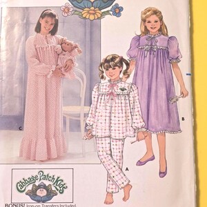May include: A vintage Butterick sewing pattern for Cabbage Patch Kids outfits. The pattern features illustrations of girls in pajamas and nightgowns. Includes iron-on transfers. Size 4-5-6.