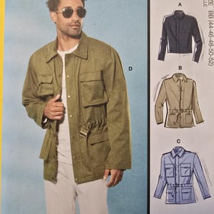 May include: McCall's sewing pattern M8371 featuring jacket designs. The pattern includes multiple view options with simple instructions. The image shows a man wearing a green jacket, with additional jacket illustrations in black, tan, and blue.