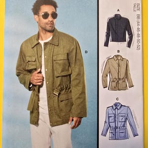 May include: McCall's sewing pattern M8371 for a jacket with multiple views. The envelope features a photograph of a person wearing an olive green jacket with four front pockets, a waist cinch, and metal buttons, alongside illustrations of views A, B, and C.
