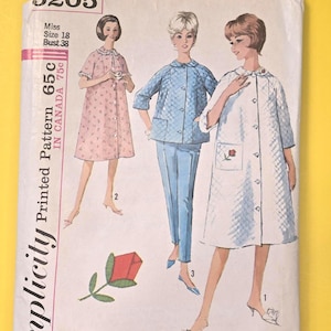 May include: Vintage Simplicity printed pattern 3205 featuring three women's fashion designs. The cover shows illustrations of a pink floral dress, a blue quilted jacket and pants set, and a white quilted robe. The pattern includes Miss Size 18 and Bust 38.