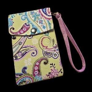 Sac pour téléphone portable en coton cachemire violet, rose, rose, avec dragonne, rabat à bouton-pression, doublure 4,5 x 7,25 pouces cartes fournitures pour bébé passeport
