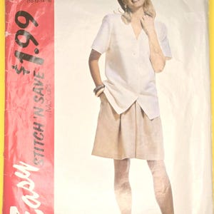 May include: A vintage sewing pattern package with a woman modeling a white short-sleeved top and a beige skirt. The package has the text "Easy Stitch 'N Save" and the size is A (10-12-14-16).