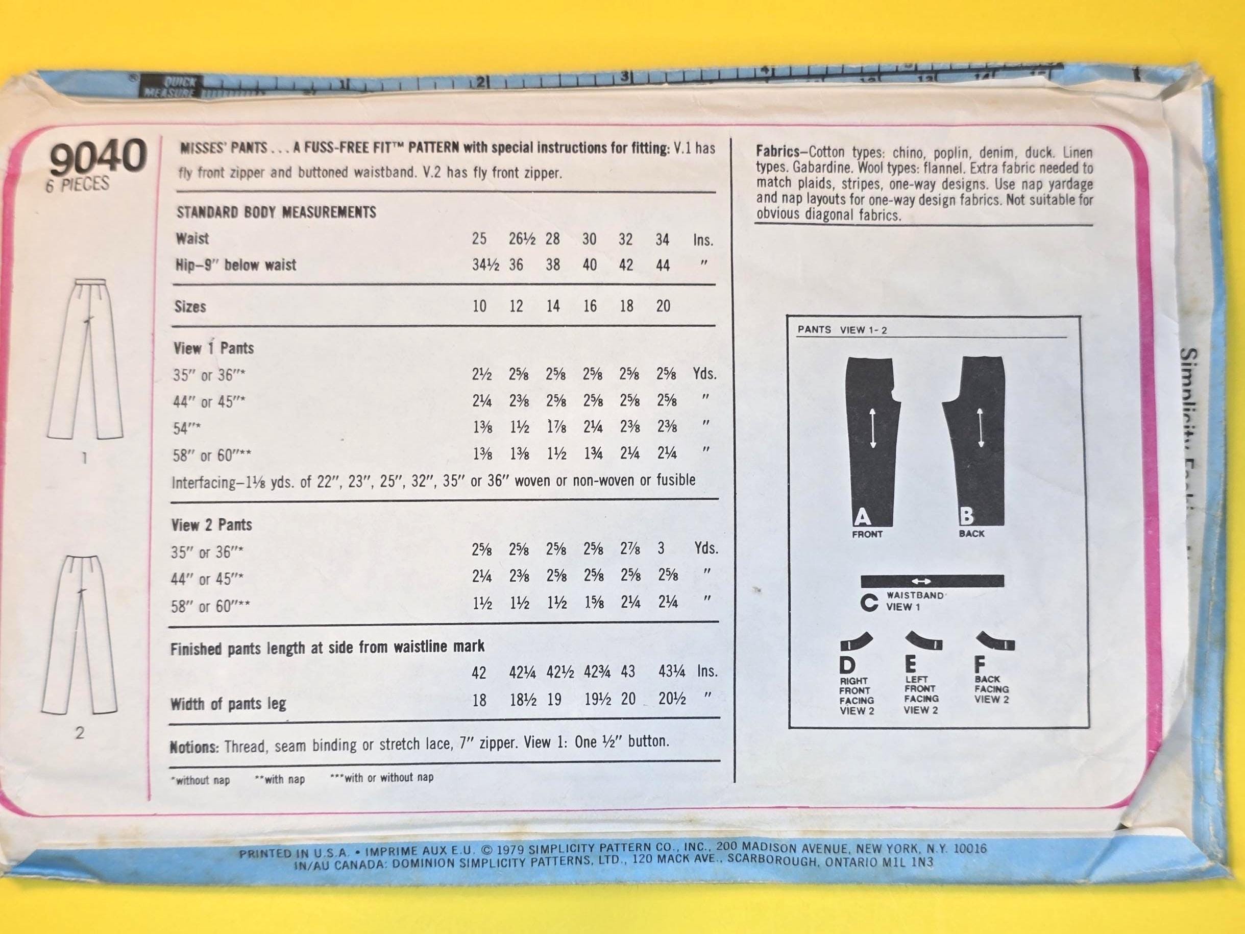 Vintage 1979 Simplicity 9040 Sewing Pattern, Ladies' Pants, Size 16 - Etsy