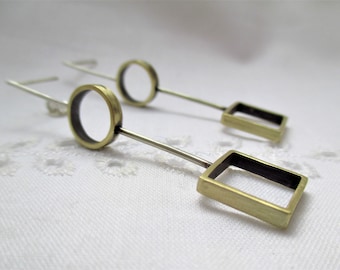 Geometric earrings, Long earrings, Mixed Metal earrings, Minimalist earrings, Open Circle Square earrings, Silver earrings, Artistic jewelry