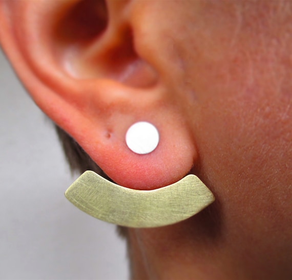 Ear jackets front back earrings, Geometric minimalist jewelry, Semicircle earrings, Dainty dot earrings, Gift for her