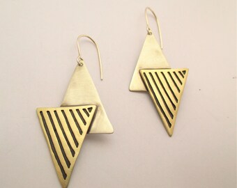 Triangle earrings, Geometric earrings, Mixed metal earrings, Dangle long earrings, Striped triangle earrings, Boho hippie jewelry, Oxidized