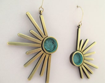 Sun earrings, Dangle earrings, Statement earrings, Boho jewelry, Abstract jewelry, Mismatched, Geometric long earrings, Brass earrings