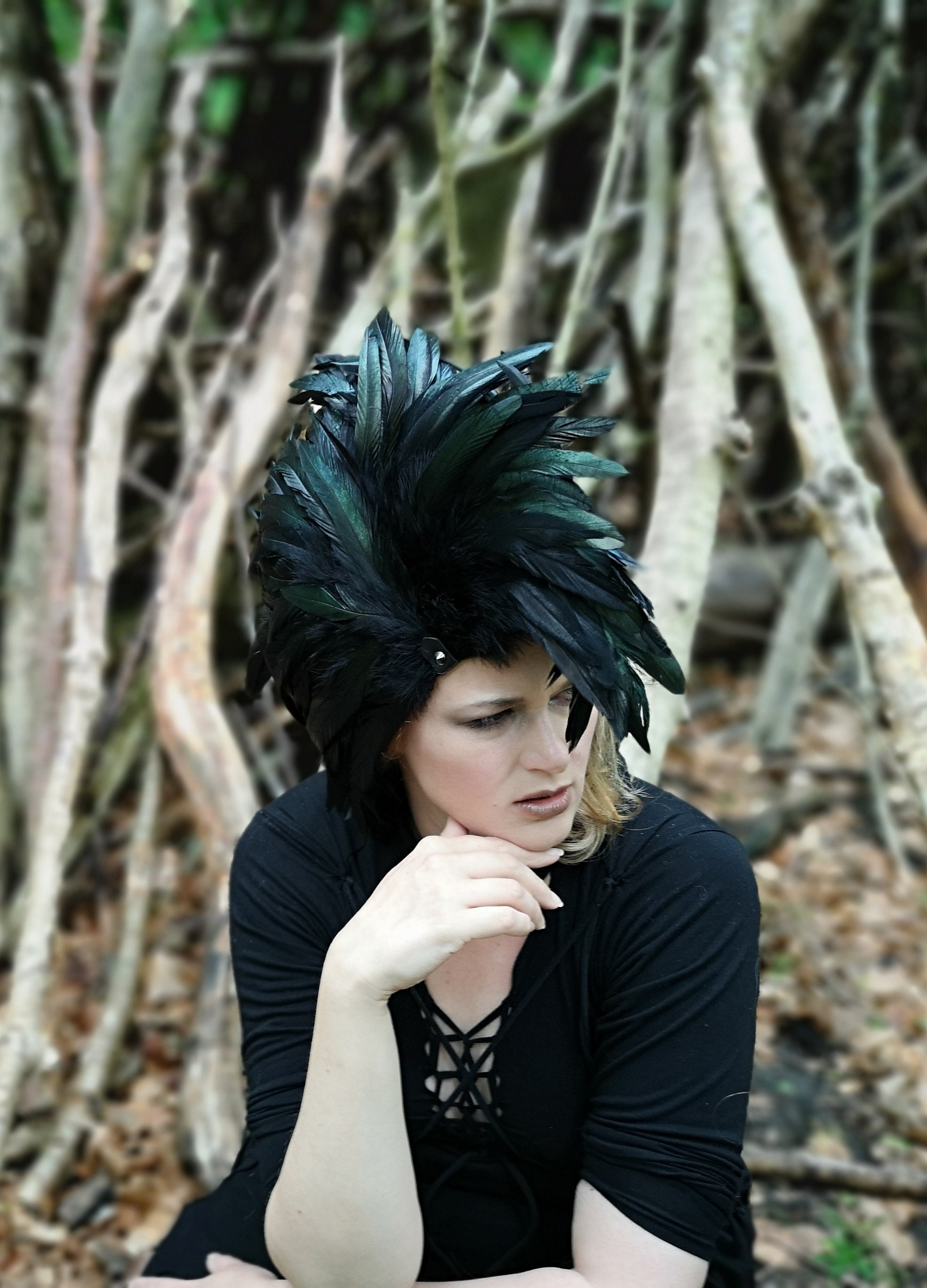 Black Feather Mohawk Headdress / Punk 
