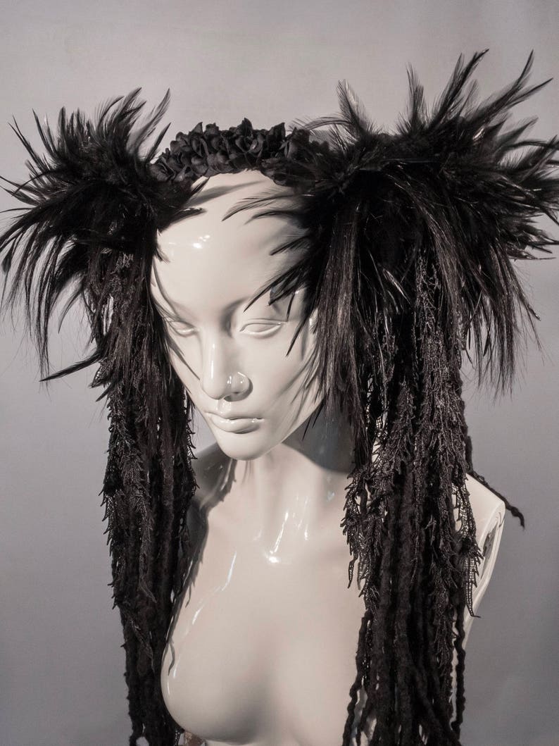 Black tribal dreadlock headdress / Felted wool and lace fringe | Etsy