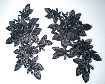 Black rose venise lace appliqués / A pair of mirror pattern embroidered lace pieces / Black flower guipure lace appliqué