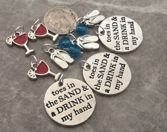 3 - "Toes in the sand and drink in my hand" Pendants, 4 piece charm pendant, flipflop charm, margarita charm, beach pendant, travel necklace