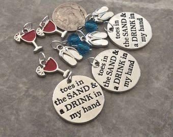 6 - "Toes in the sand and drink in my hand" Pendants, 4 piece charm pendant, flipflop charm, margarita charm, beach pendant, travel necklace